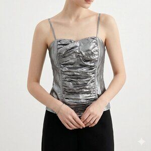 Vintage Cotton Express Tank Top Y2K 90s Silver Satin Metallic Pleated XL